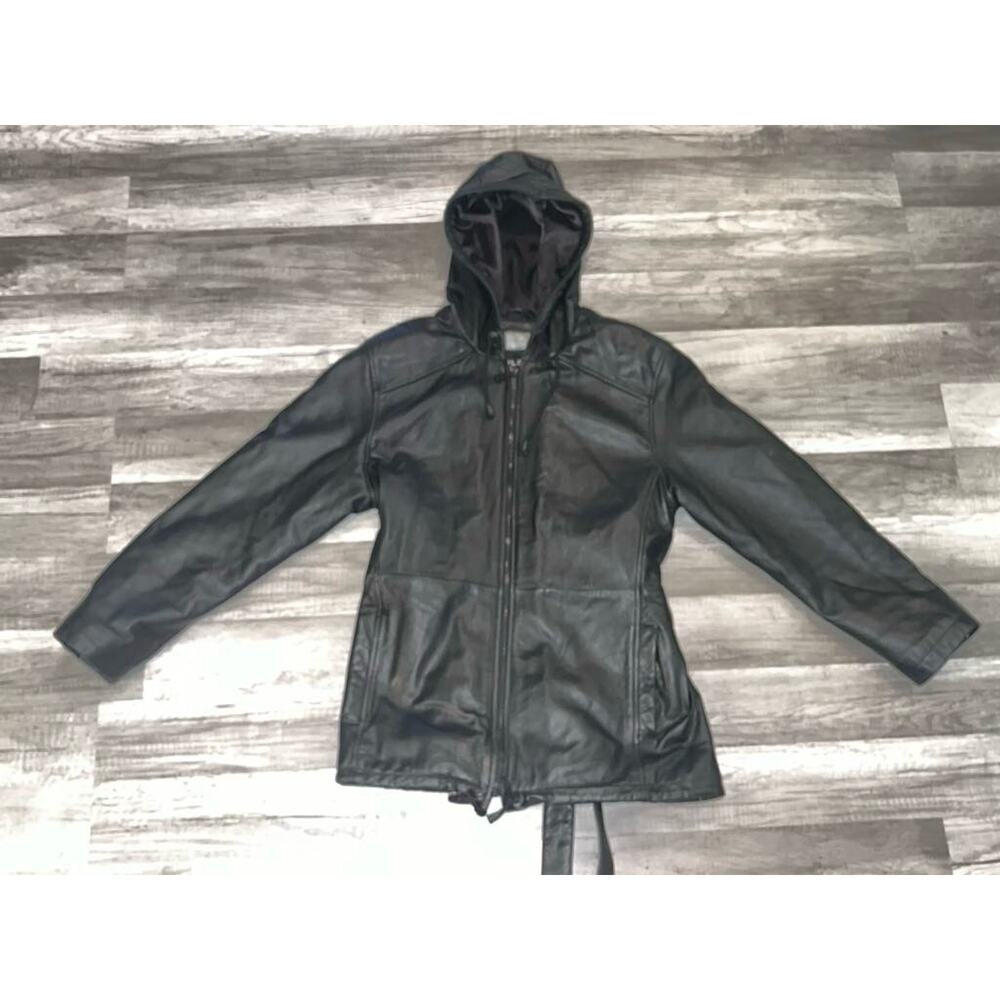 Vintage 80s Wilsons Leather Jacket Womens Sz L Hooded Belted Quilted Liner NICE!